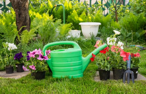 Gardening team preparing tools at a residential garden site